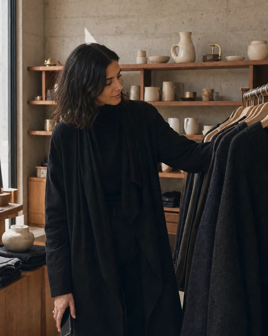 Founder browsing knitwear in a warm boutique, the phone held in her other hand