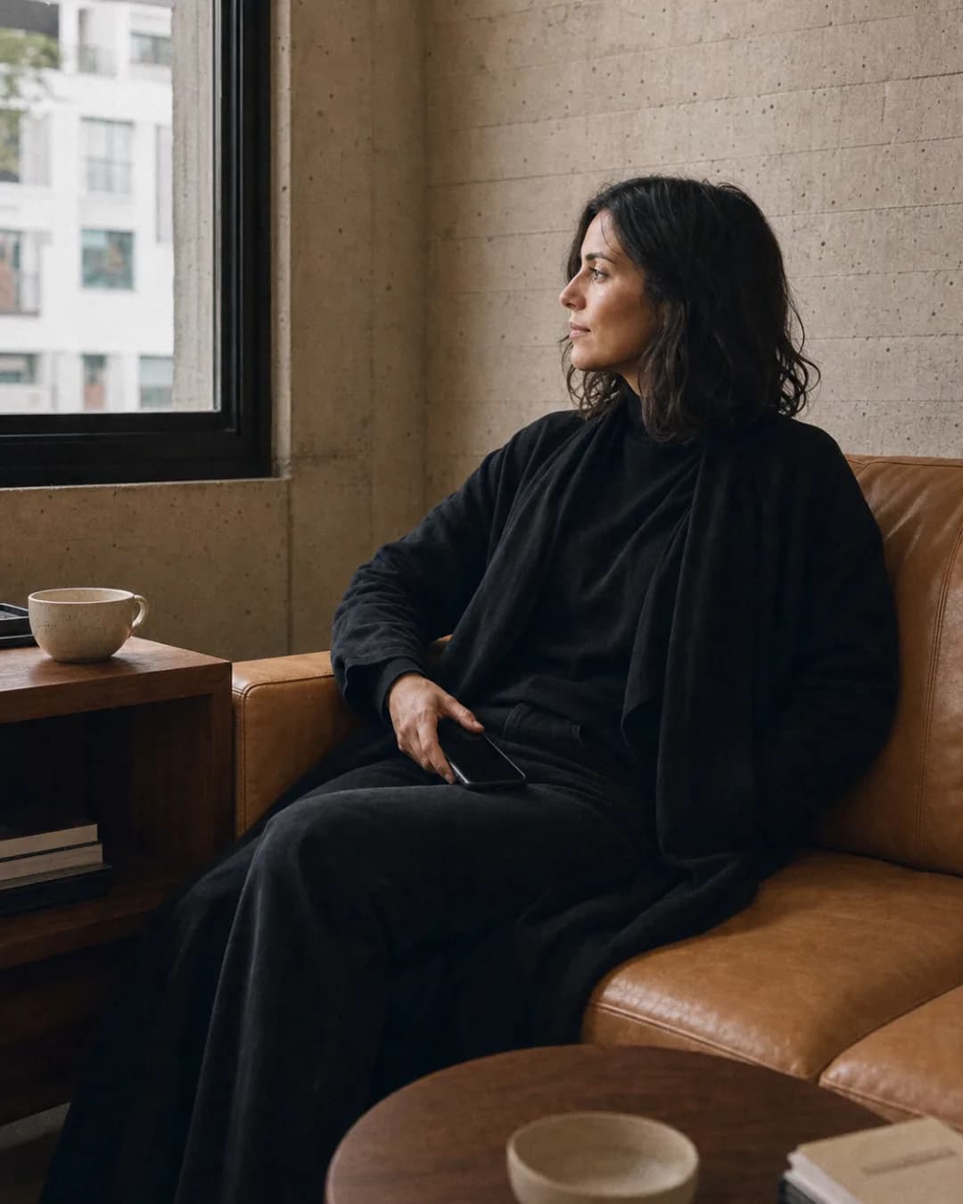 Founder sitting back on a tan leather sofa looking out the window, the phone resting in her hand